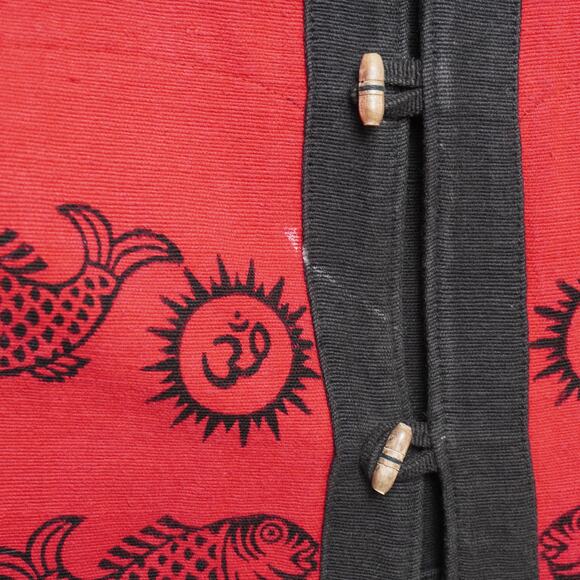 Ganesh Himal Handmade Nepal Cotton Vest XL Black-Red Fish “Om” Print Boho - Picture 3 of 9